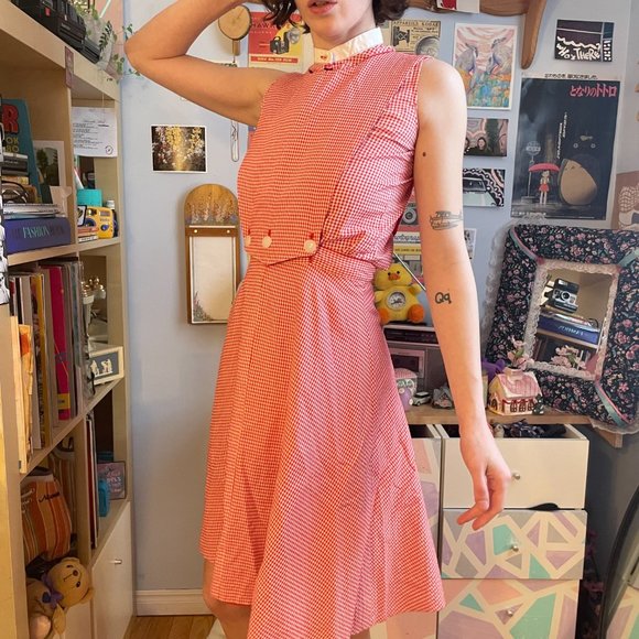 50s gingham plaid Honeylane XXS plaid circle skirt, sleeveless shirt, and bib! - Picture 3 of 16